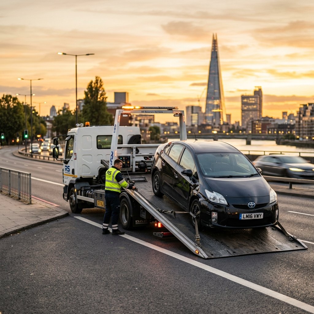 Recovery tow truck loading damaged Prius at sunset